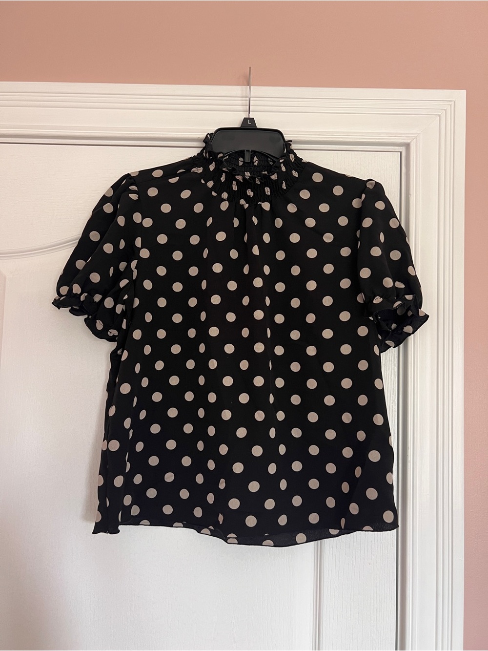 Black Polka Dot Short Puff Sleeve Blouse with Ruffle Neck
